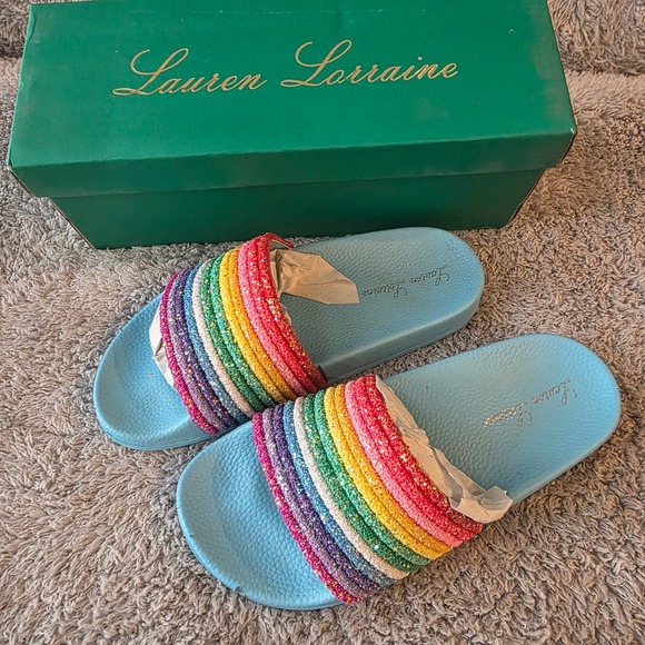 Lauren Lorraine Slides Sandals Rainbow Glitter Blue Women's Size 6 NEW - Picture 1 of 5